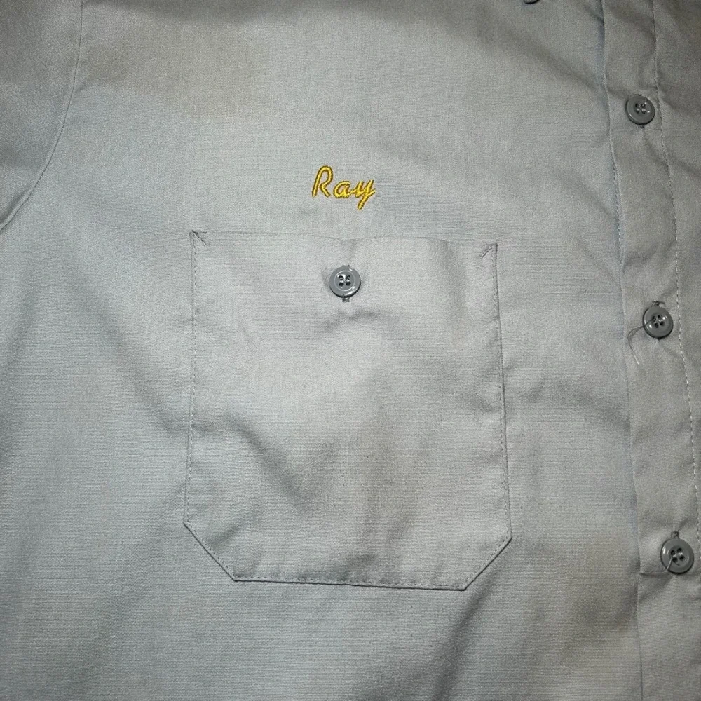 Vintage Mens ESTES Work Shirt Short Sleeve‎ Gray Embroidered Ray American Flag